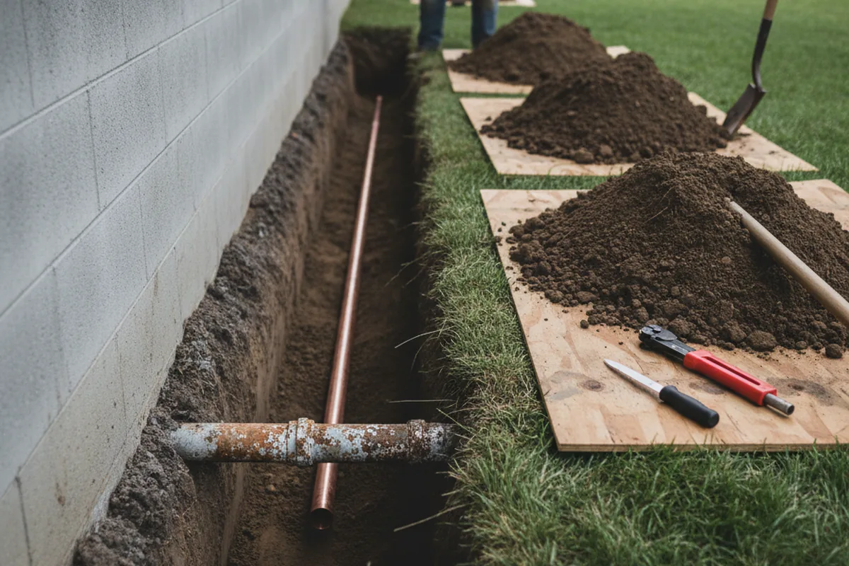 Excavated water line trench during Water Softener Installation in Nilwood